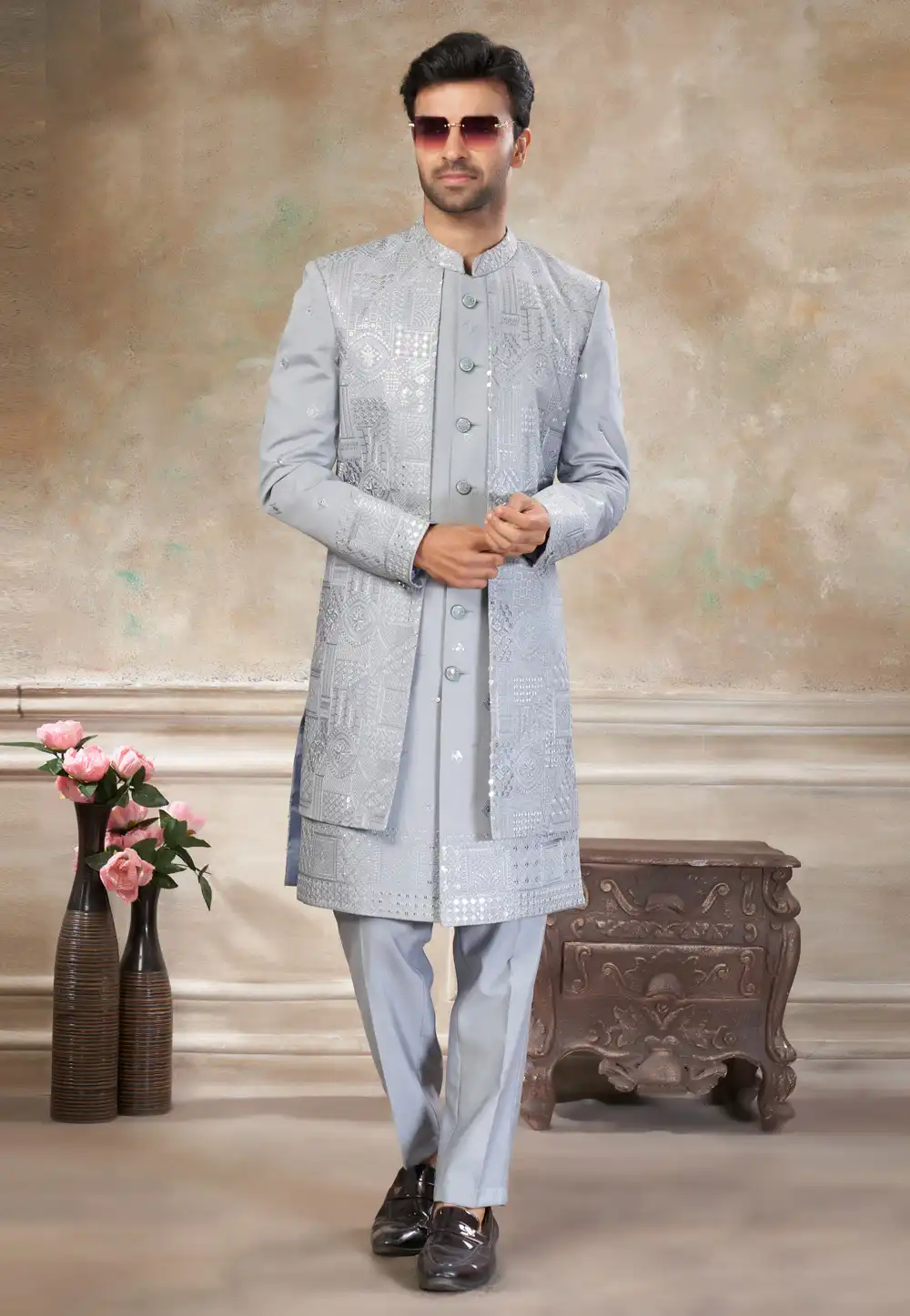 Grey Silk Indo Western Suit 319064