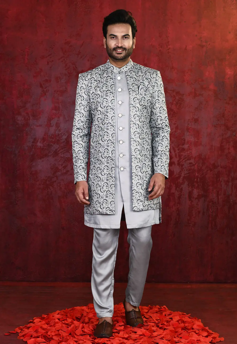 Grey Silk Indo Western Suit 335257