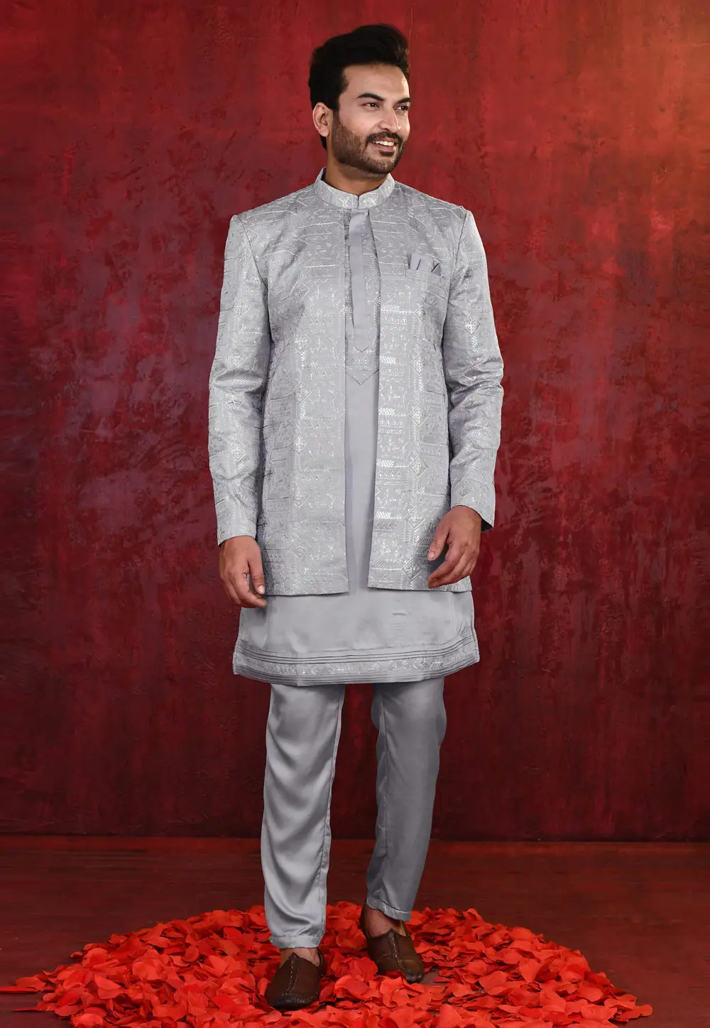 Grey Silk Indo Western Suit 335261