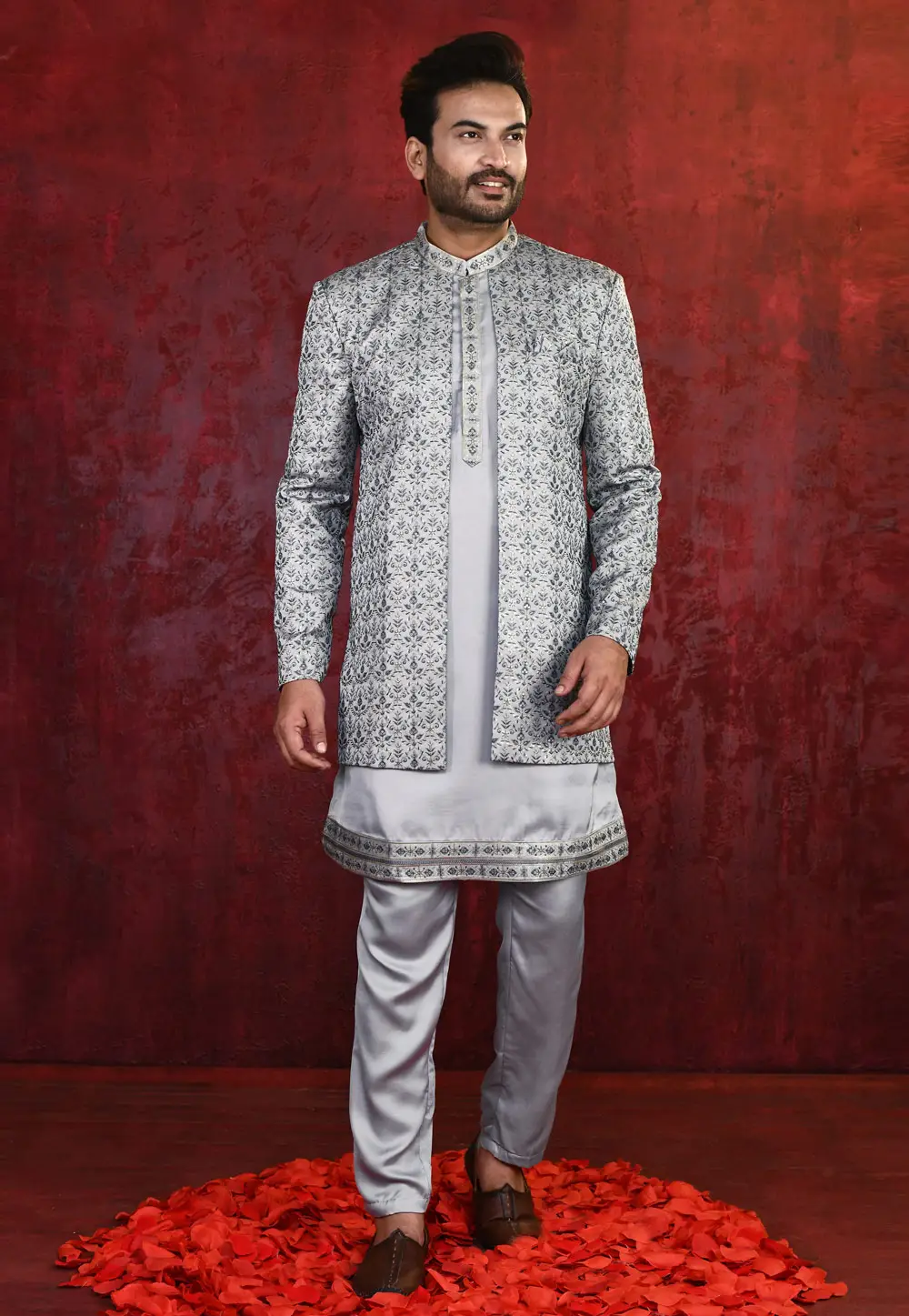Grey Silk Indo Western Suit 335264