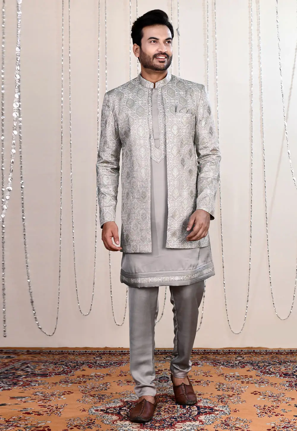 Grey Silk Indo Western Suit 335269