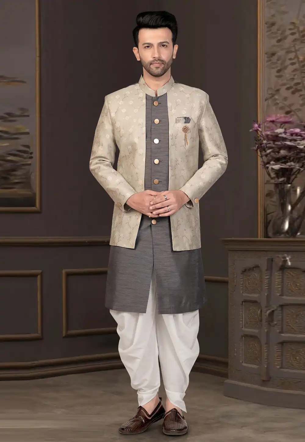 Grey Silk Indo Western Suit 316130