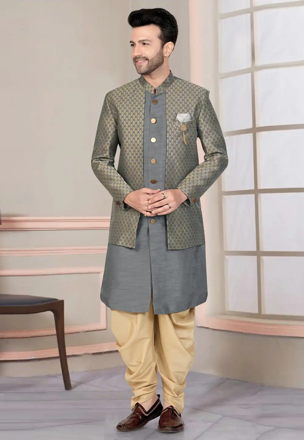 Grey Silk Indo Western Suit 316135