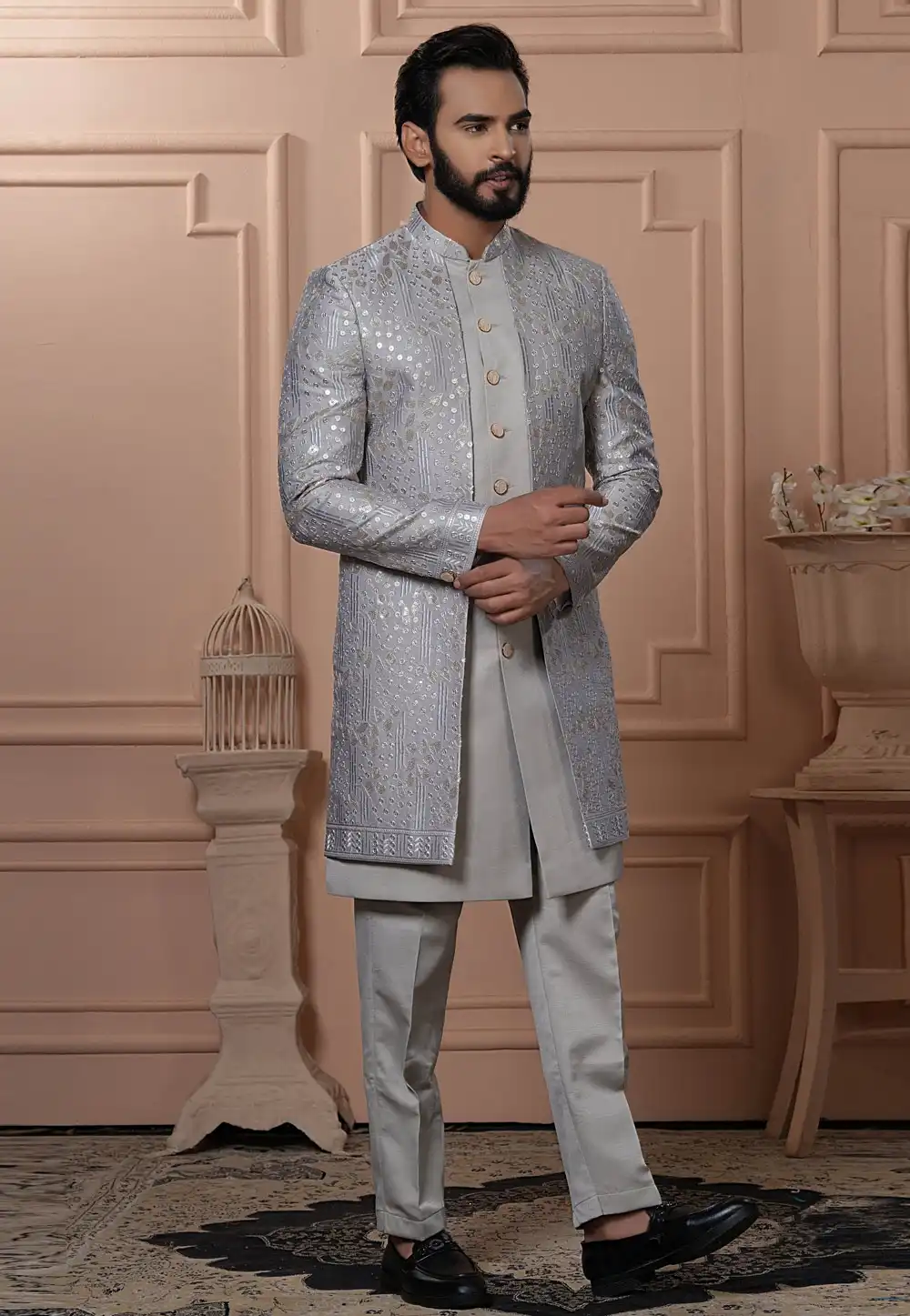 Grey Silk Jacket Style Sherwani 315050