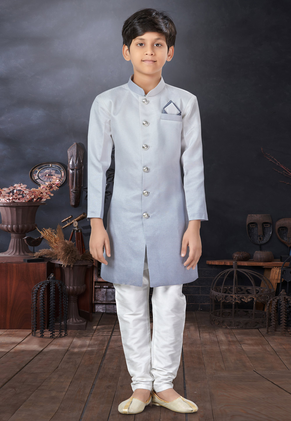 Grey Silk Kids Indo Western Sherwani 279096