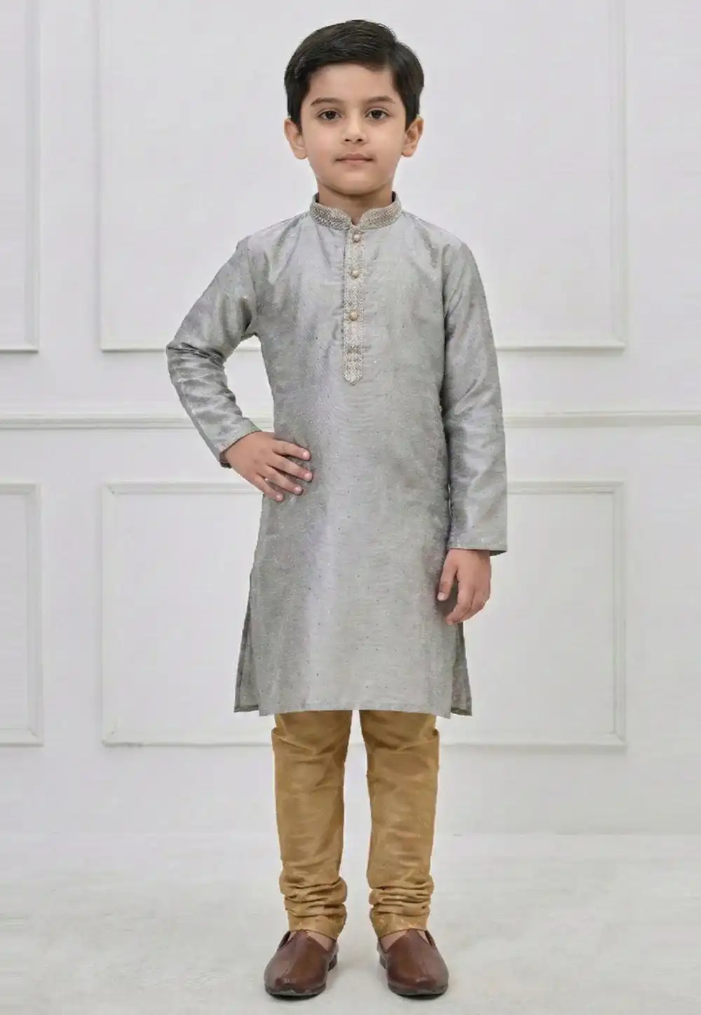 Grey Silk Kids Kurta Pajama 325146