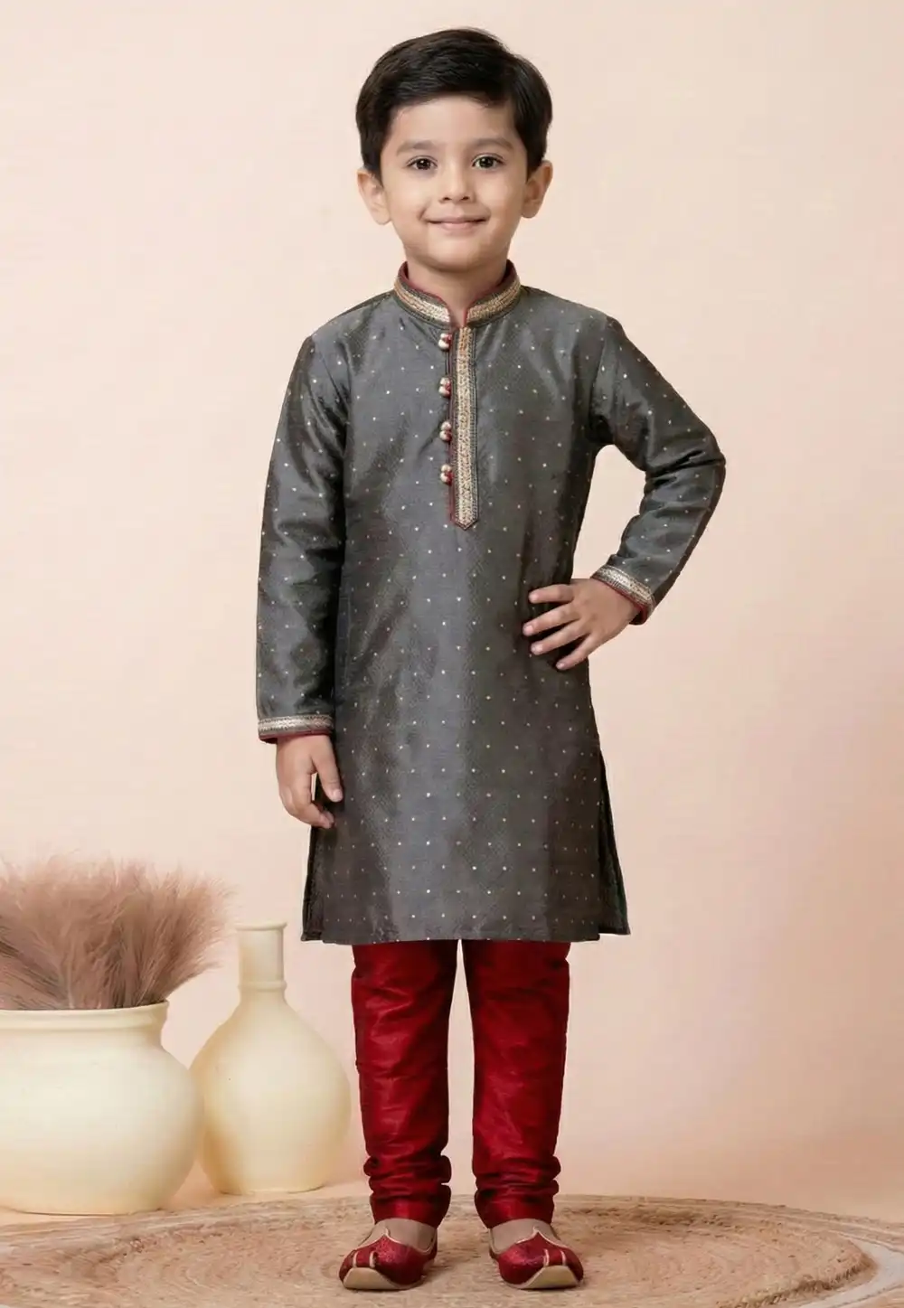 Grey Silk Kids Kurta Pajama 322285