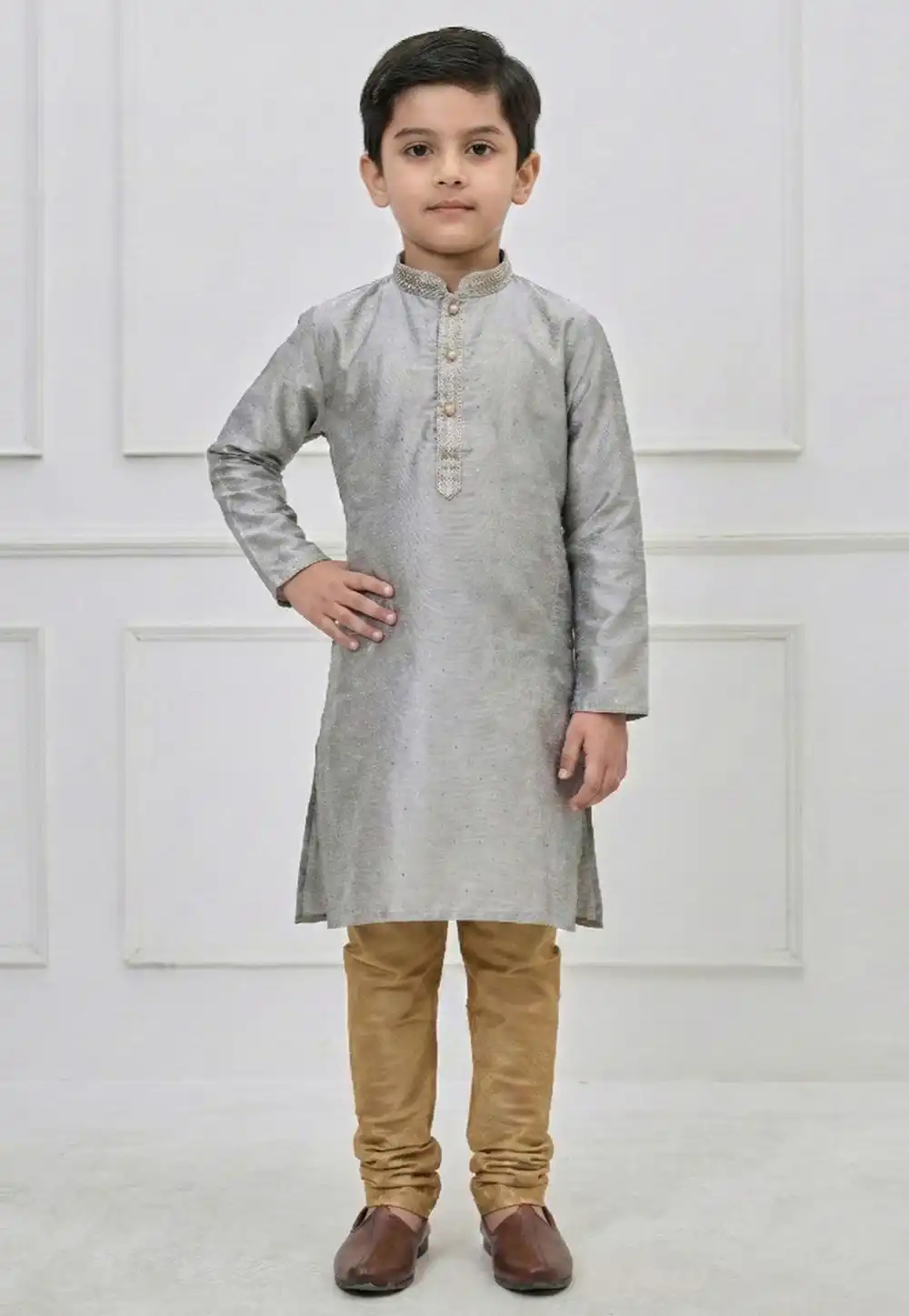Grey Silk Kids Kurta Pajama 323125