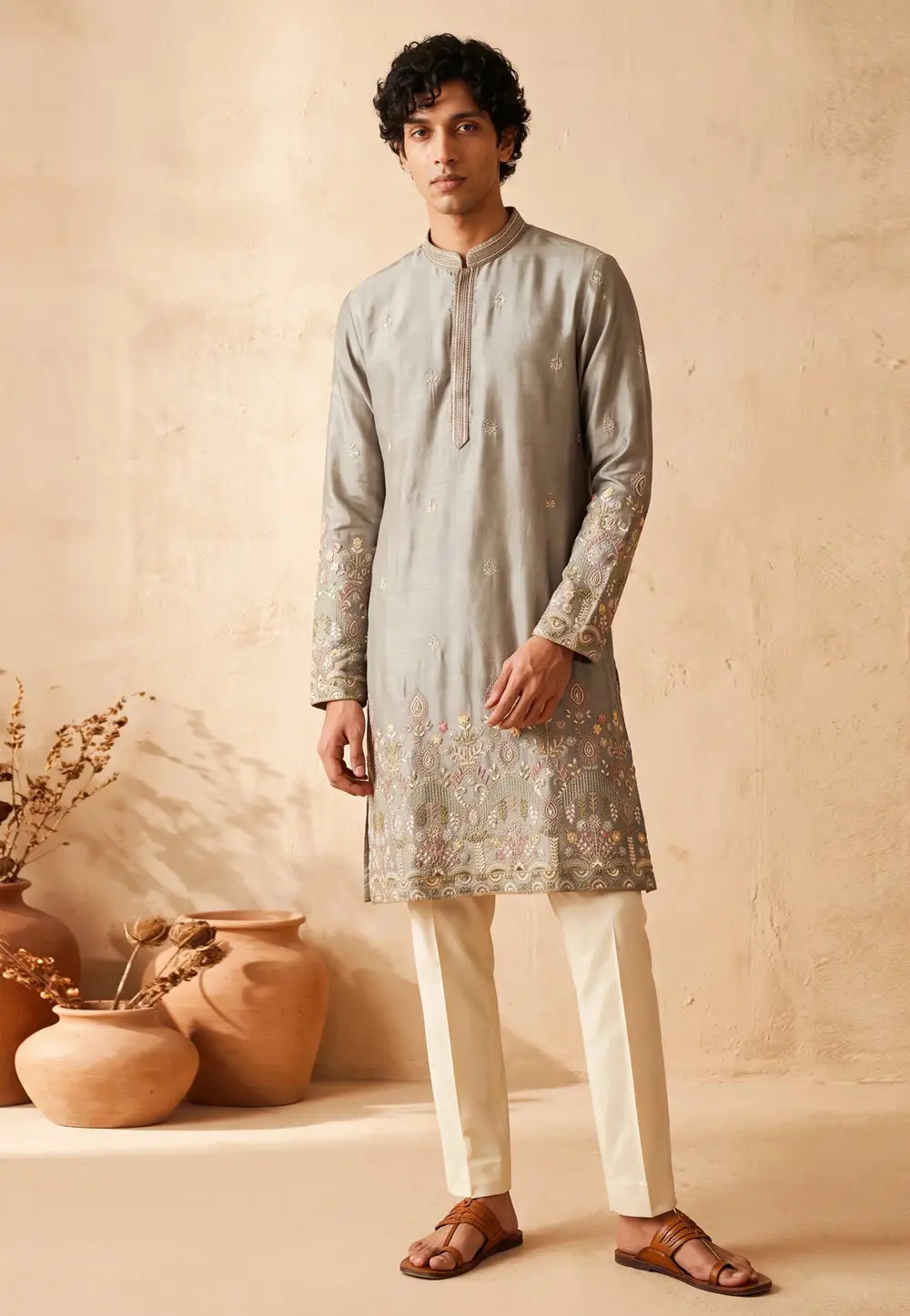 Grey Silk Kurta Pajama 336199