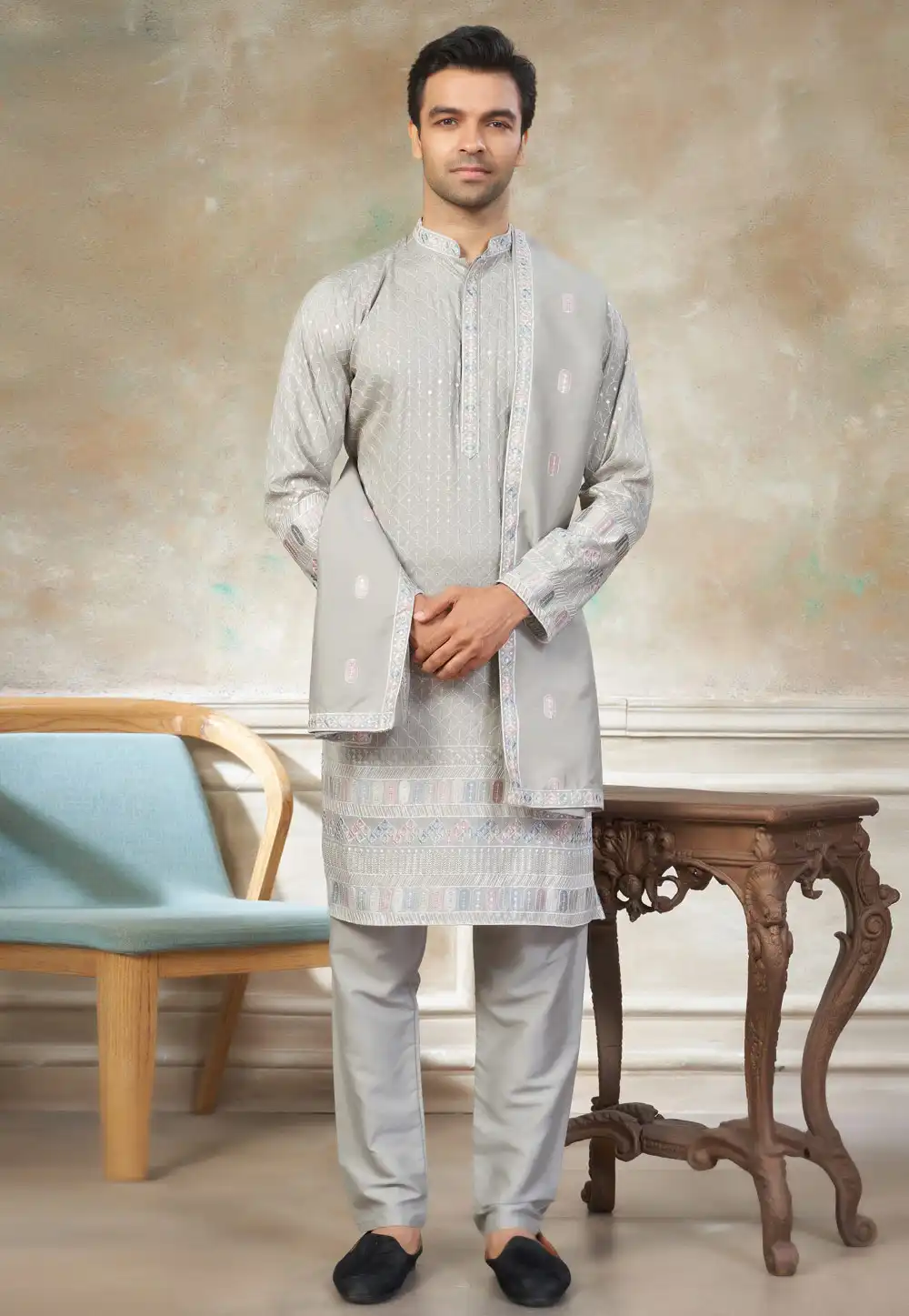 Grey Silk Kurta Pajama With Stole 325996
