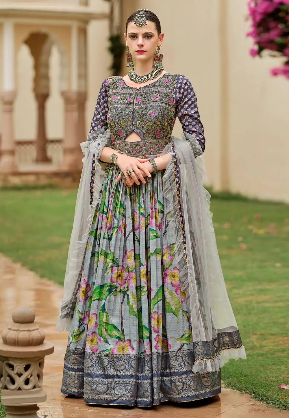 Grey Silk Long Anarkali Suit 303359