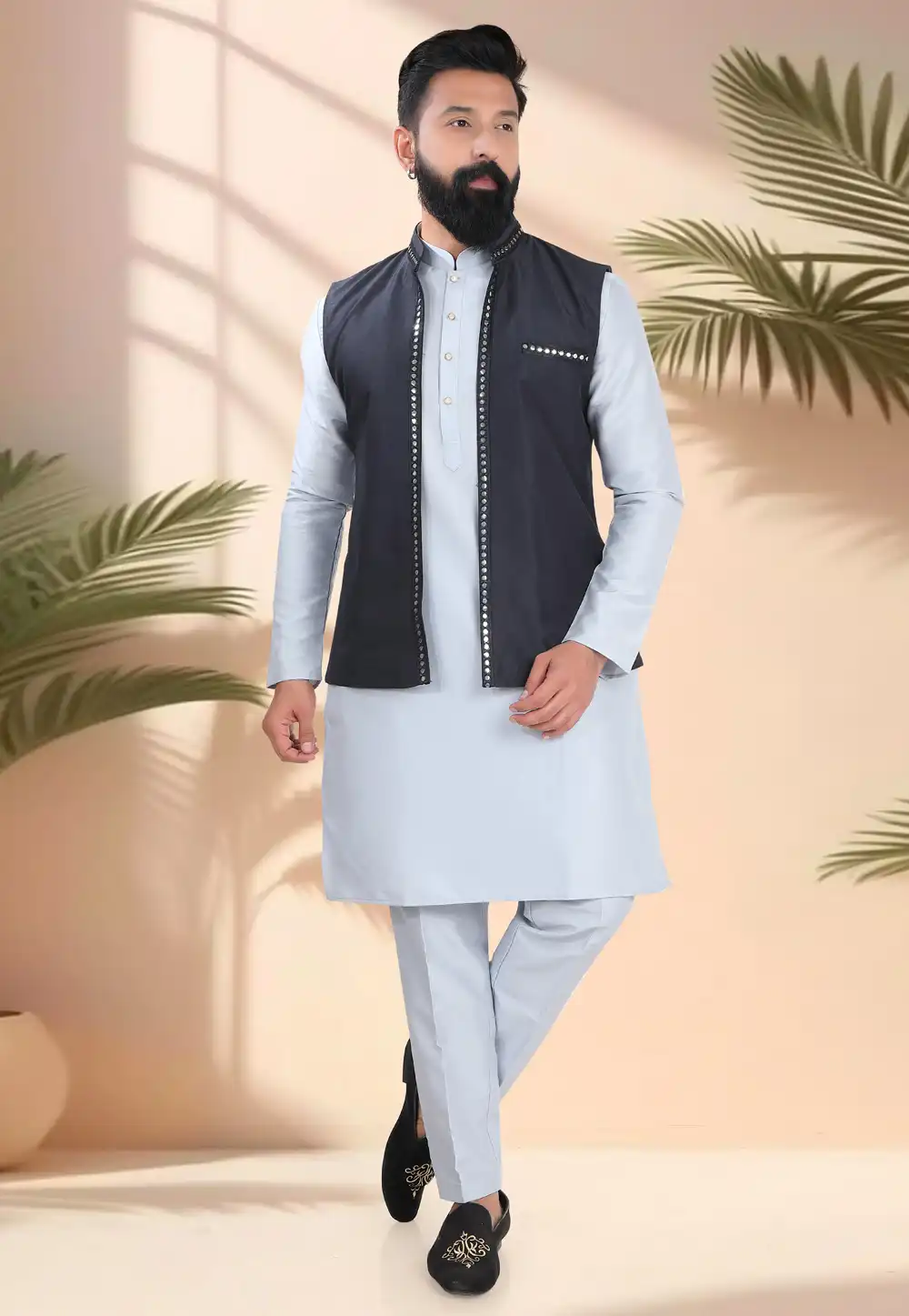 Grey Silk Navratri Kurta Pajama With Jacket 316331