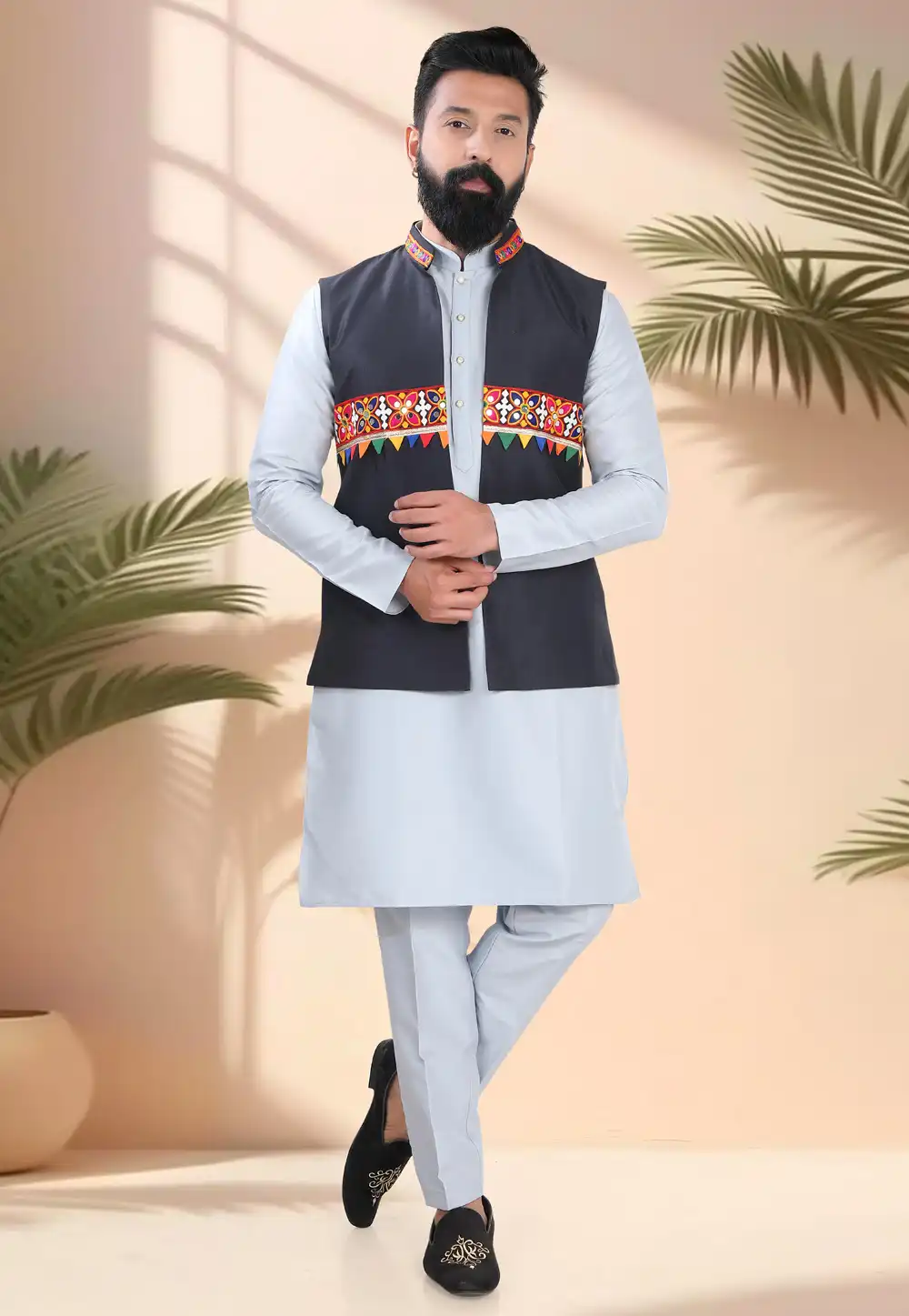 Grey Silk Navratri Kurta Pajama With Jacket 316332