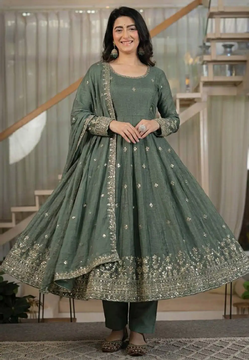 Grey Silk Readymade Anarkali Suit 330758