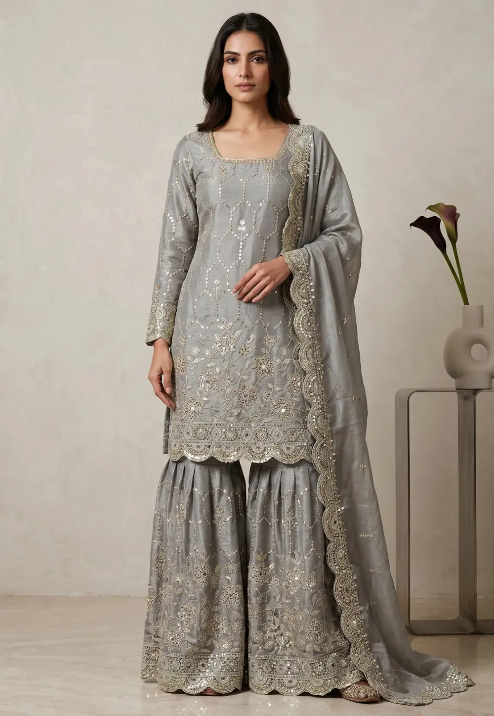 Grey Silk Readymade Gharara Suit 332007