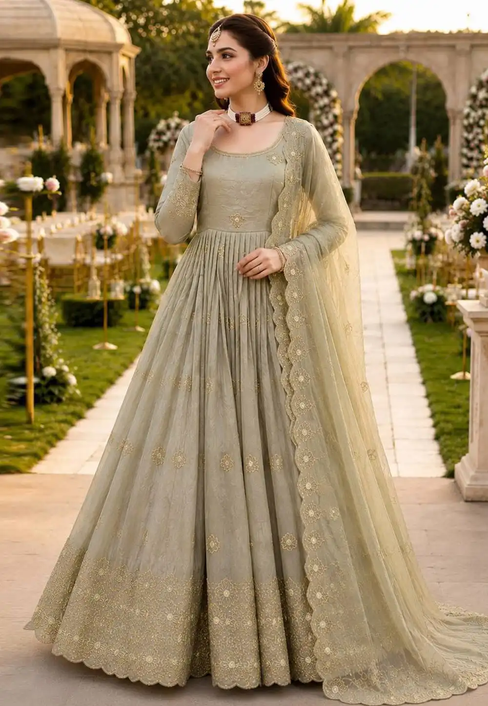 Grey Silk Readymade Long Anarkali Suit 330430