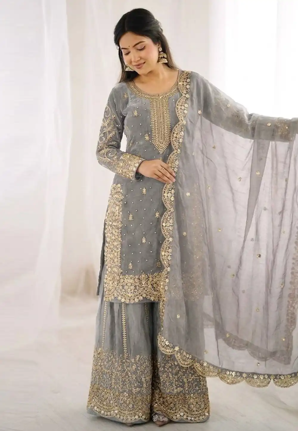 Grey Silk Readymade Pakistani Suit 329097