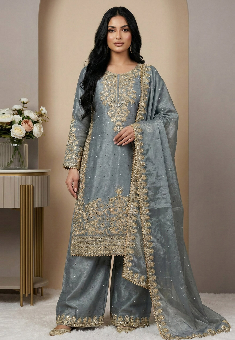 Grey Silk Readymade Palazzo Suit 324984