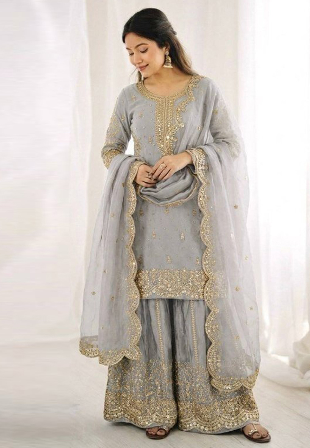 Grey Silk Readymade Palazzo Suit 327266