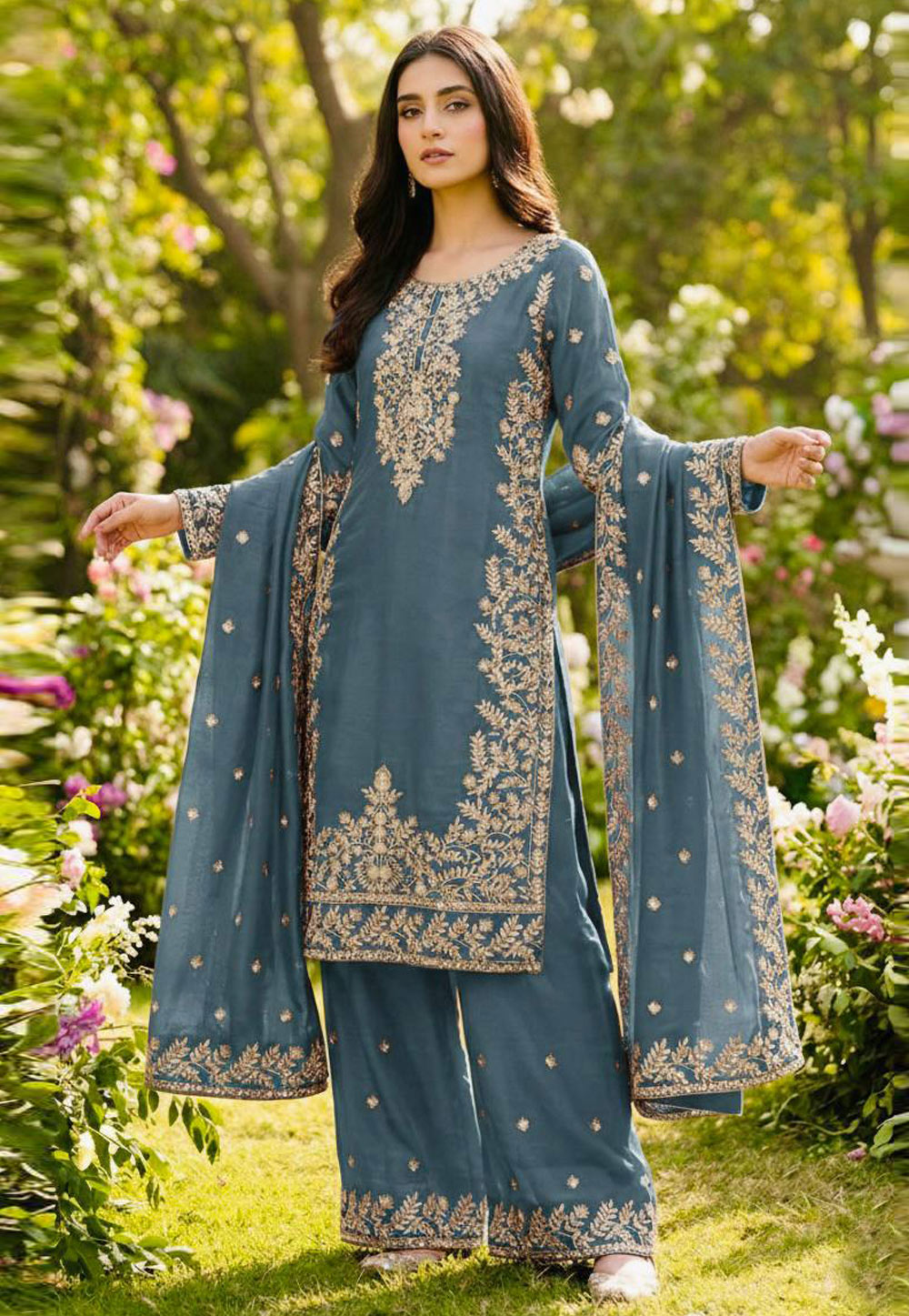 Grey Silk Readymade Palazzo Suit 324531