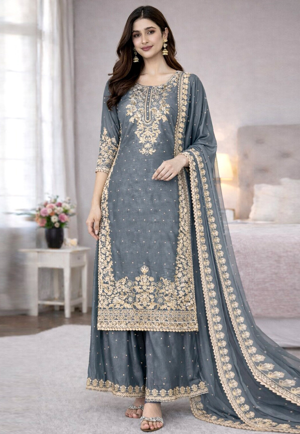 Grey Silk Readymade Palazzo Suit 323340