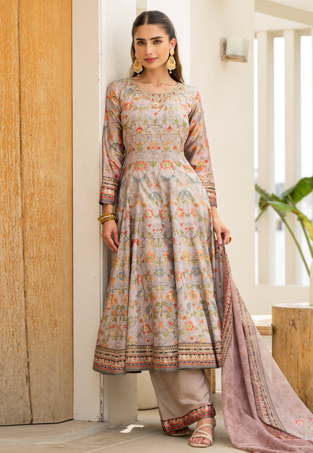 Grey Silk Readymade Palazzo Suit 322398