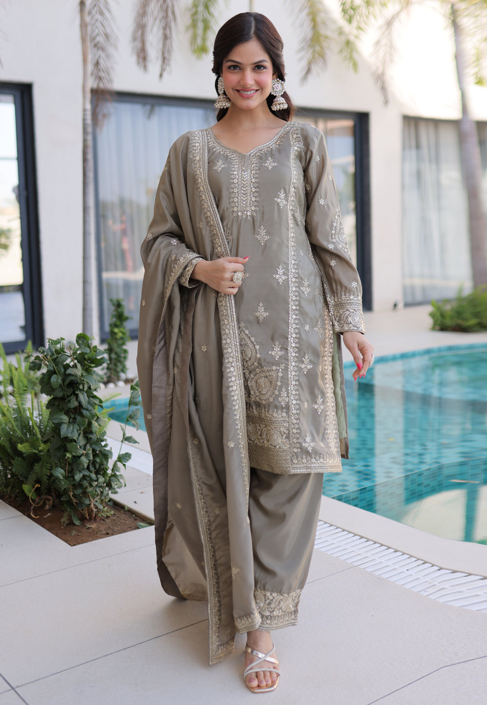 Grey Silk Readymade Pant Style Suit 324880