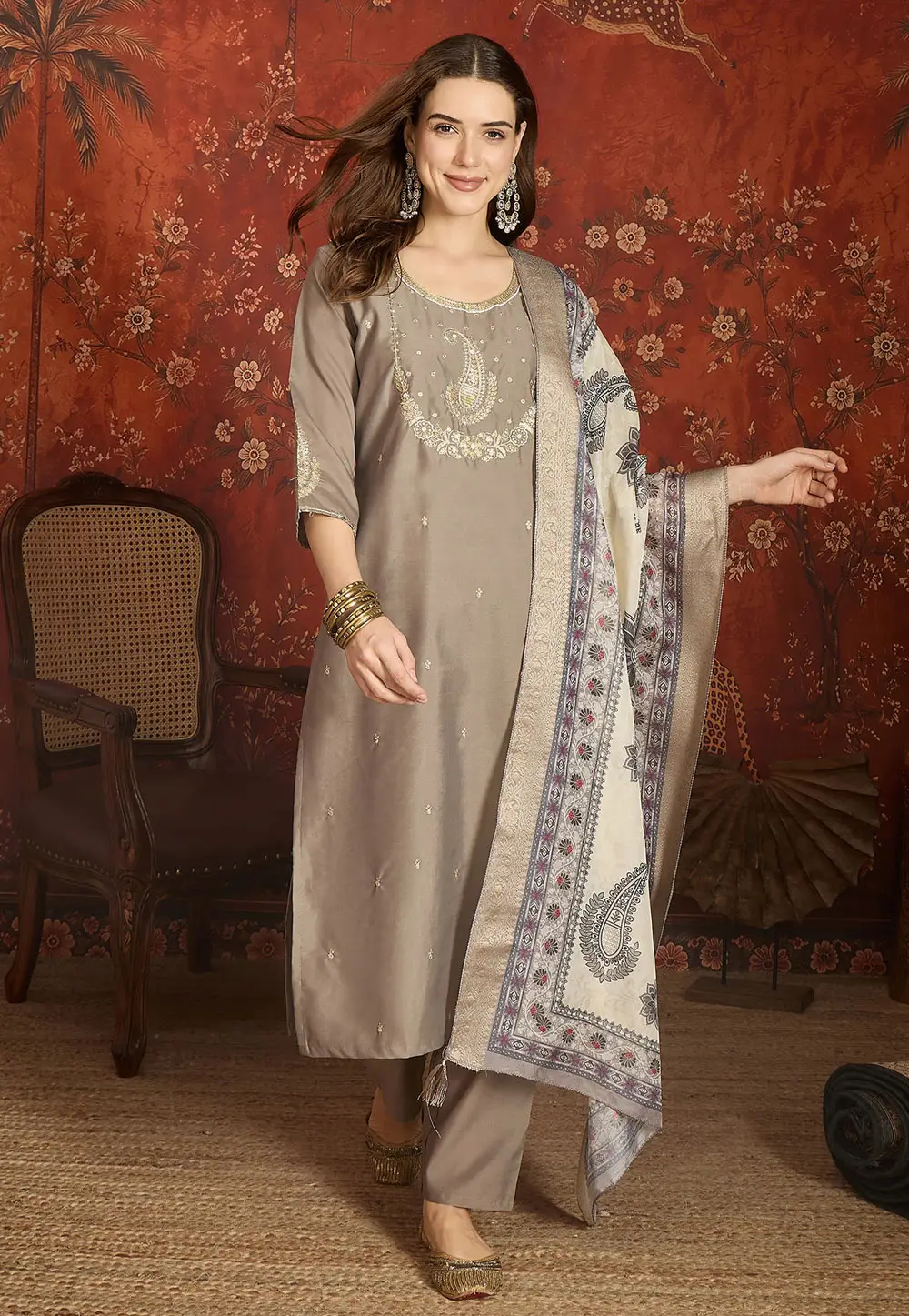 Grey Silk Readymade Pant Style Suit 333170