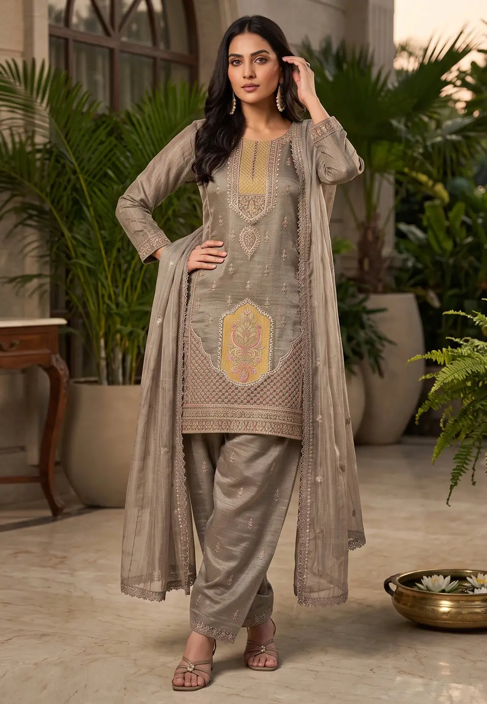 Grey Silk Readymade Patiala Suit 334263