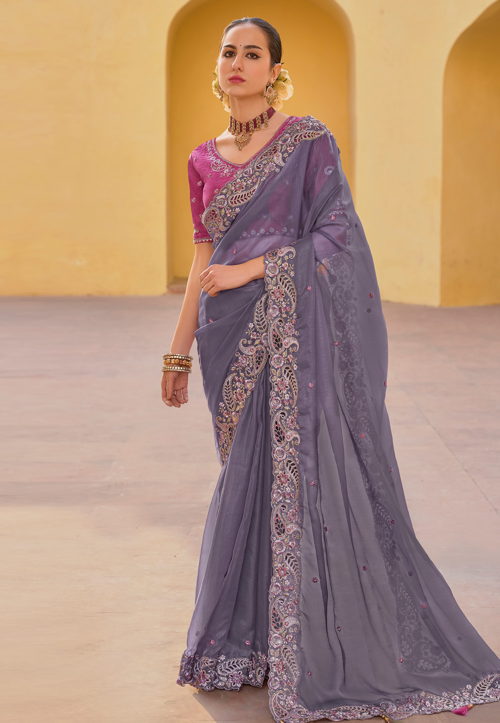 Grey Silk Saree With Blouse 285480