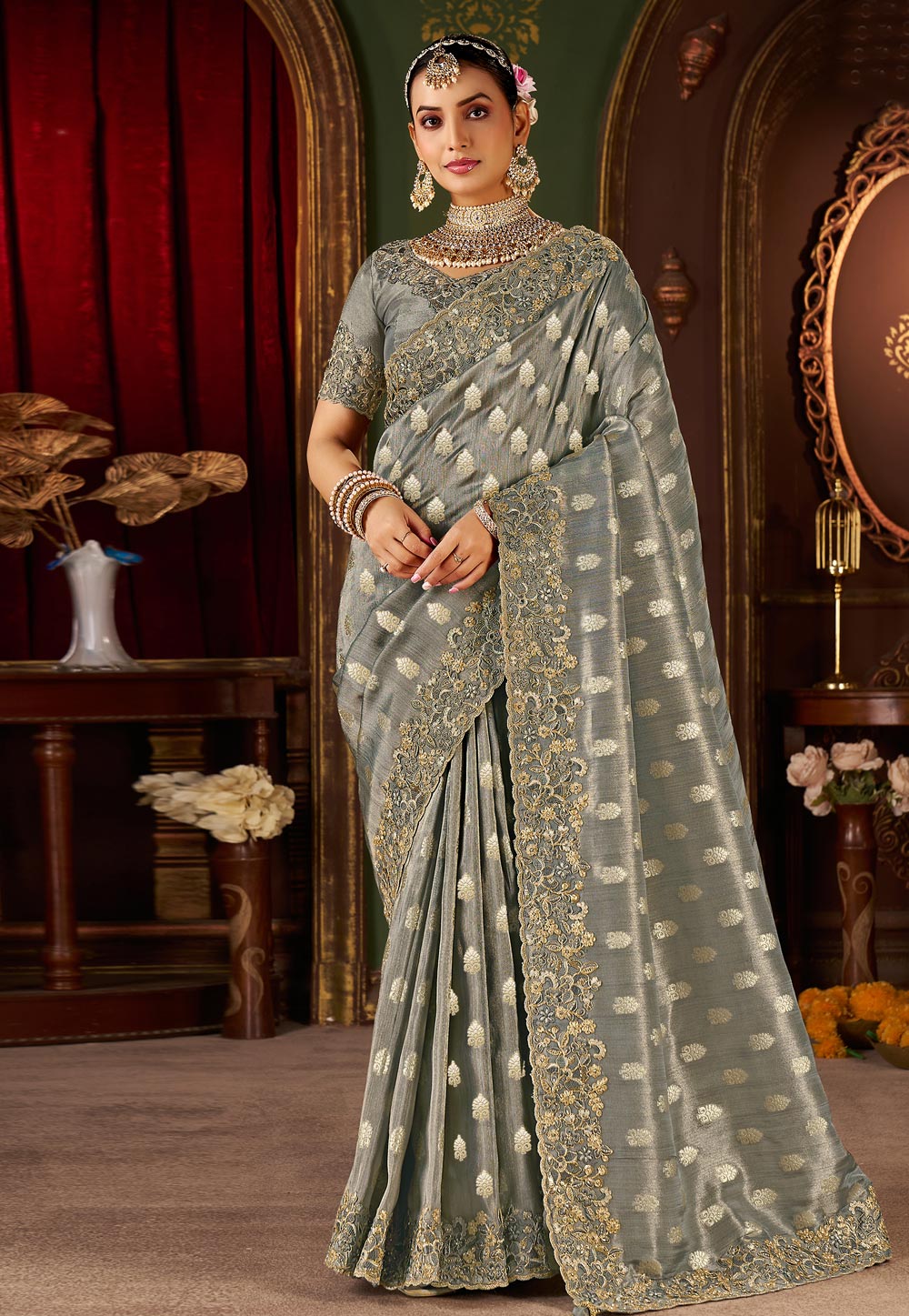 Grey Silk Saree With Blouse 321702