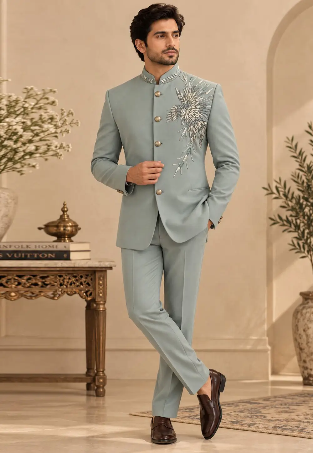 Grey Suiting Bandhgala Suit 336403