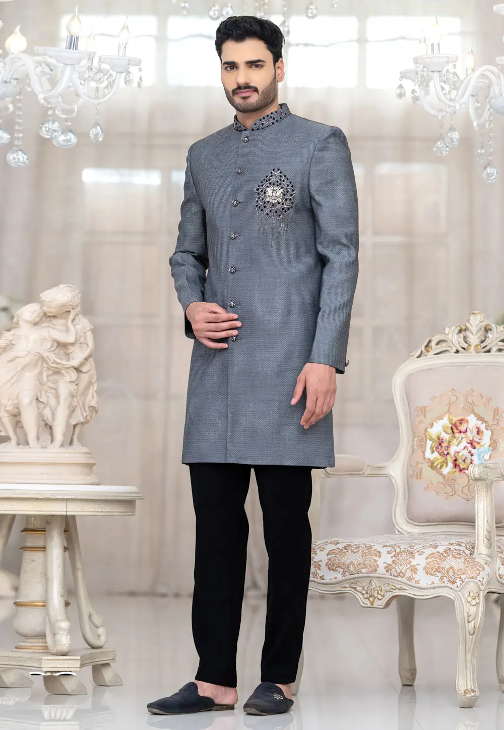 Grey Suiting Indo Western Suit 336517