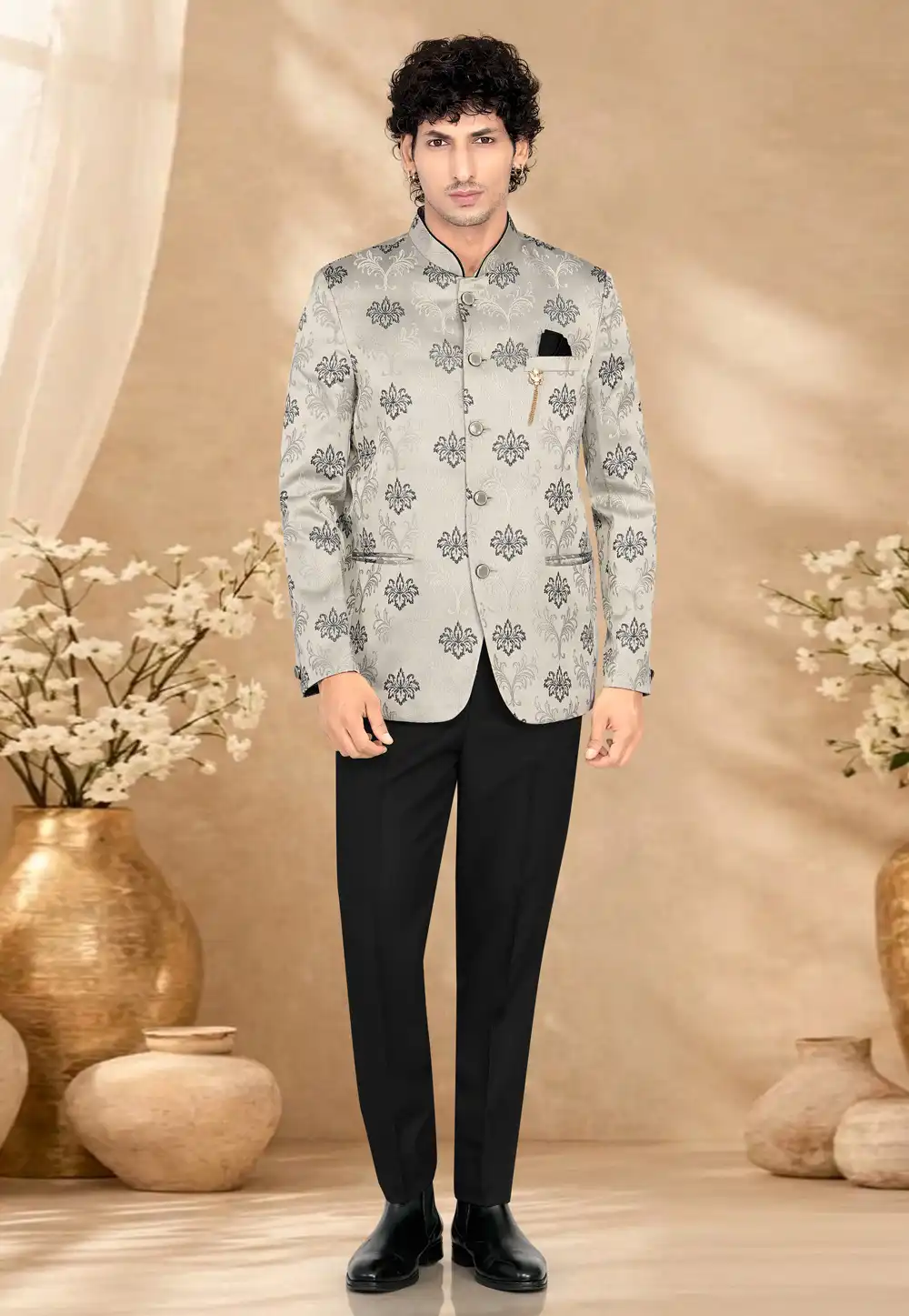Grey Suiting Jodhpuri Suit 328446