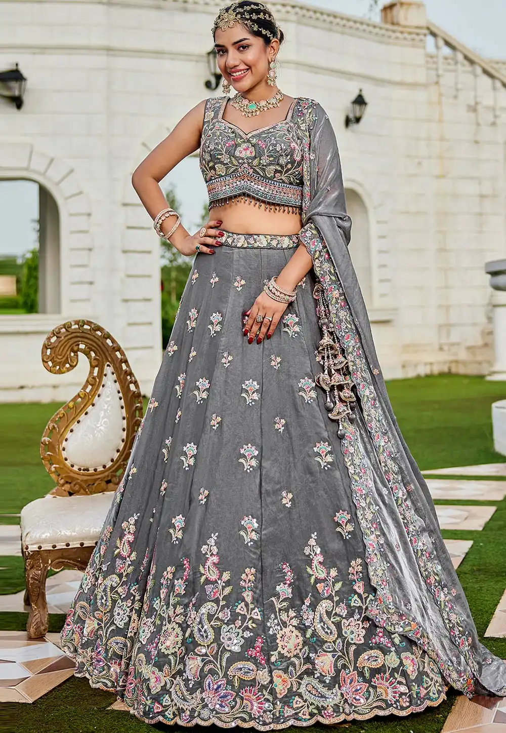 Grey Tissue Circular Lehenga Choli 317416