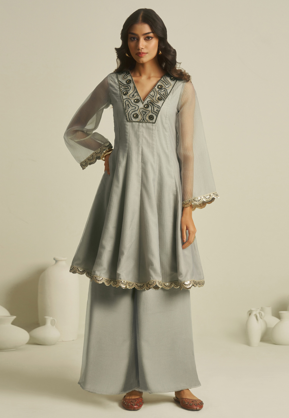 Grey Tissue Kurta Set With Palazzo 322043