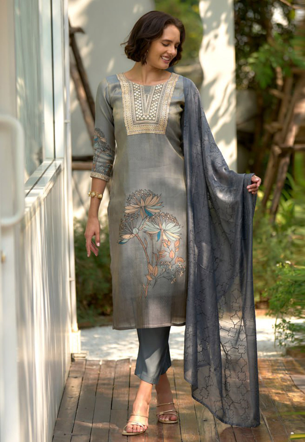 Grey Tissue Readymade Pakistani Suit 311987