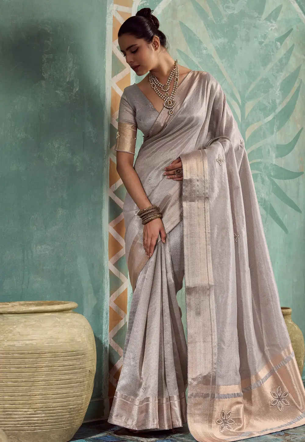 Grey Tissue Saree With Blouse 332234