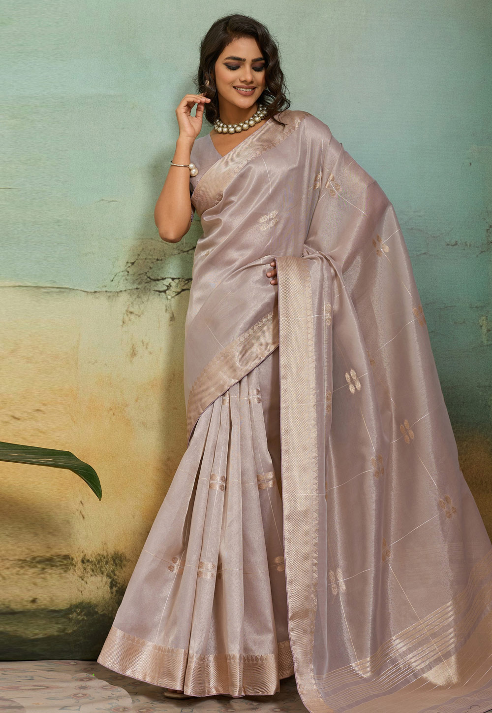 Grey Tissue Saree With Blouse 327548