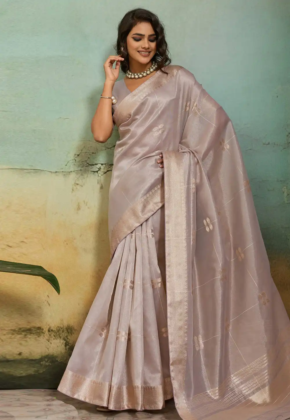 Grey Tissue Saree With Blouse 327548