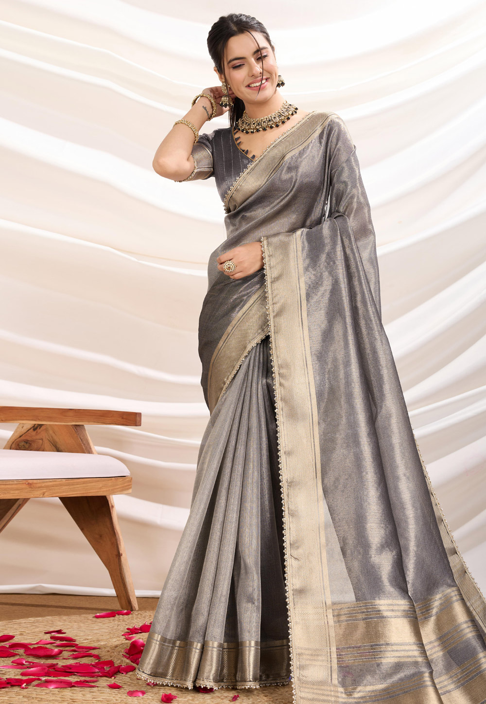 Grey Tissue Saree With Blouse 307256