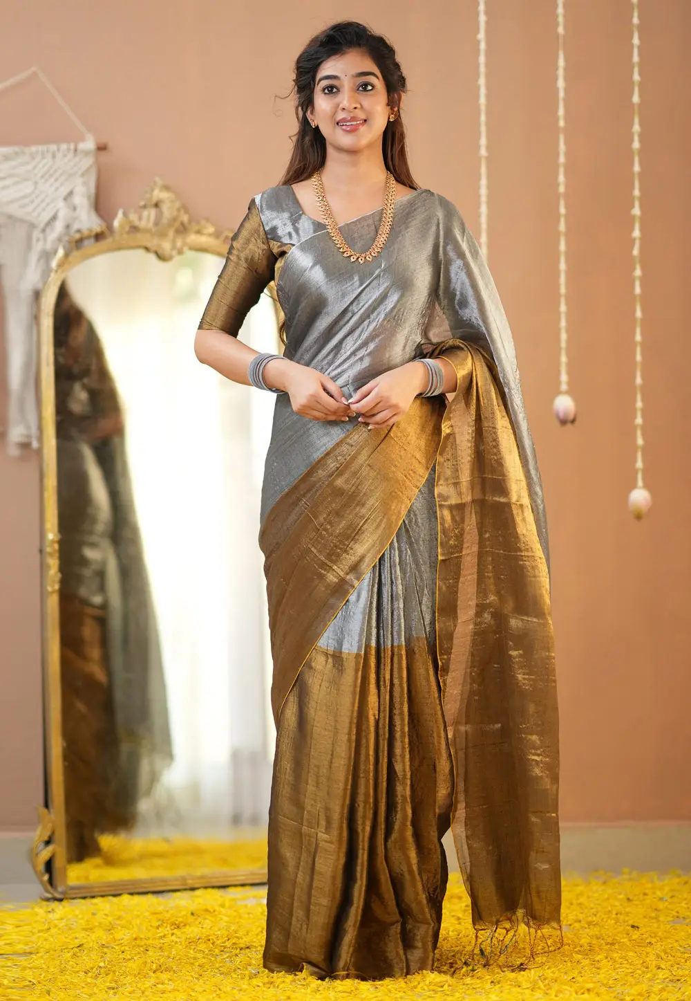Grey Tissue Saree With Blouse 332716