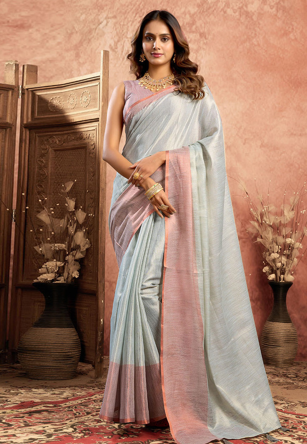Grey Tissue Silk Saree With Blouse 312518
