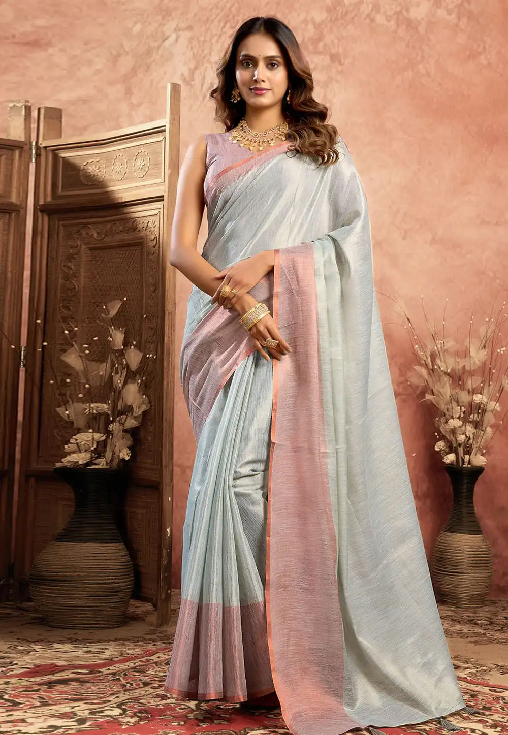 Grey Tissue Silk Saree With Blouse 312518