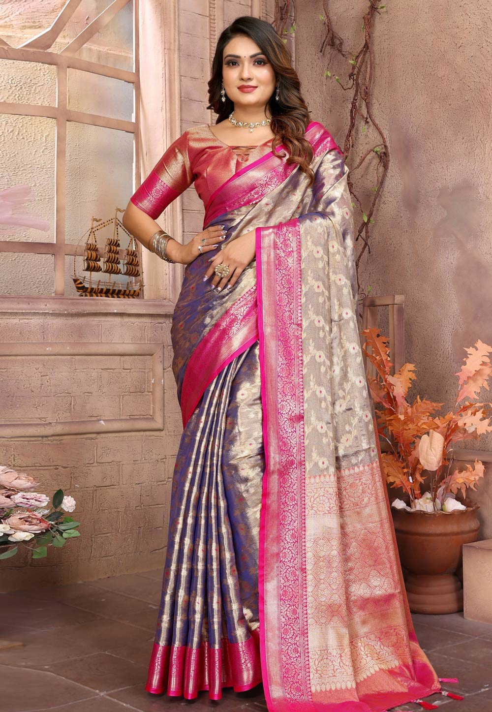 Grey Tissue Silk Saree With Blouse 308864