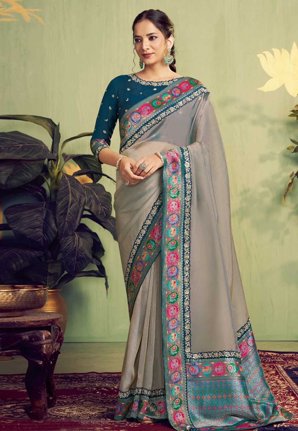 Grey Tissue Silk Saree With Blouse 319873