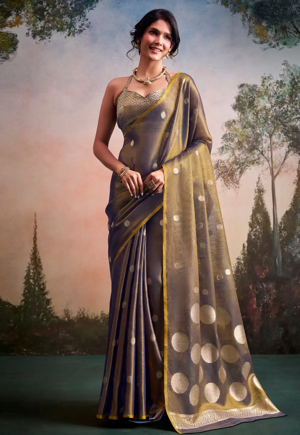 Grey Tissue Silk Saree With Blouse 329042
