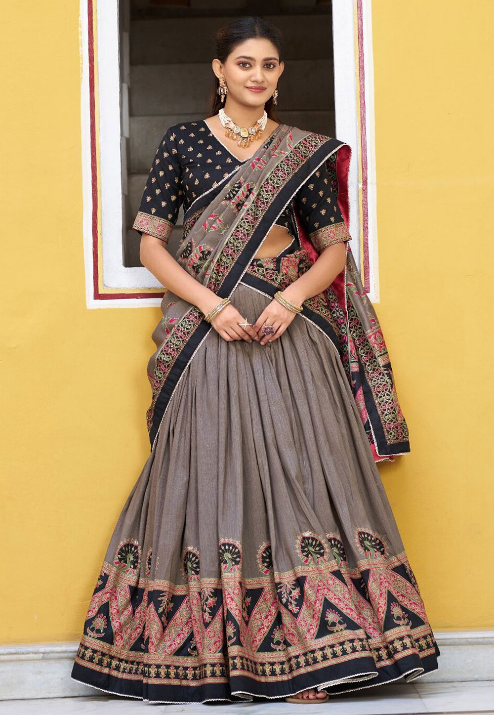 Grey Tussar Silk Circular Lehenga Choli 327431
