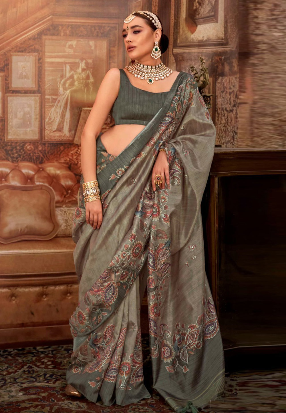 Grey Tussar Silk Saree With Blouse 322133