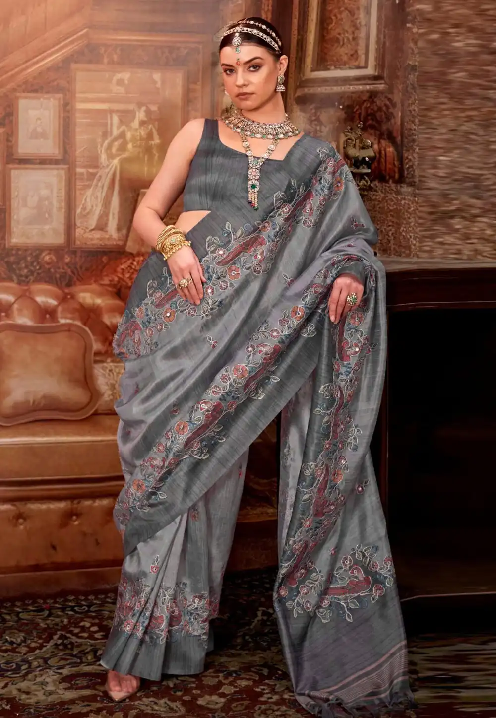 Grey Tussar Silk Saree With Blouse 322138